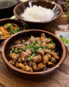 Kyckling teriyaki med sesamfrø i en brun skål